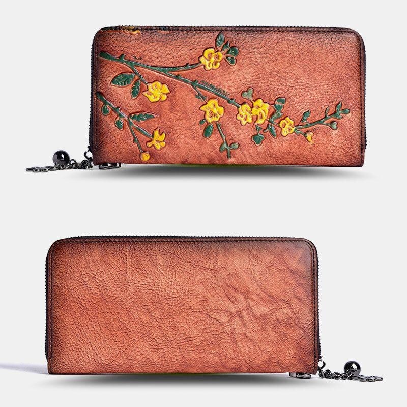 Dame Ægte Læder Tegnebog Blomsterpræget Mønster Retro Lang Møntpung Pengepunge Clutch Tasker