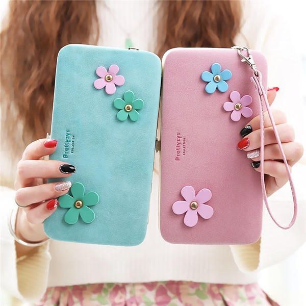 Dame Blomst 5.5 Tommer Telefon Pu Tegnebog Etui Cover Lang Tegnebog