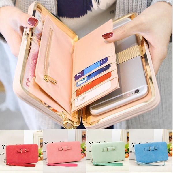 Dame Candy Color Bowkot 5.5 Tommer Telefonpunge Etui Hasp Lang Pung Clutches