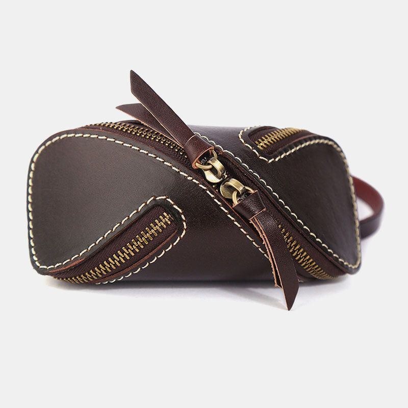 Herre Ægte Læder Ensfarvet Oval Lynlås Retro Nøgle Etui Kort Etui Clutch Tasker