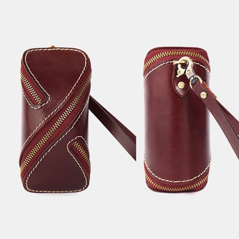 Herre Ægte Læder Ensfarvet Oval Lynlås Retro Nøgle Etui Kort Etui Clutch Tasker