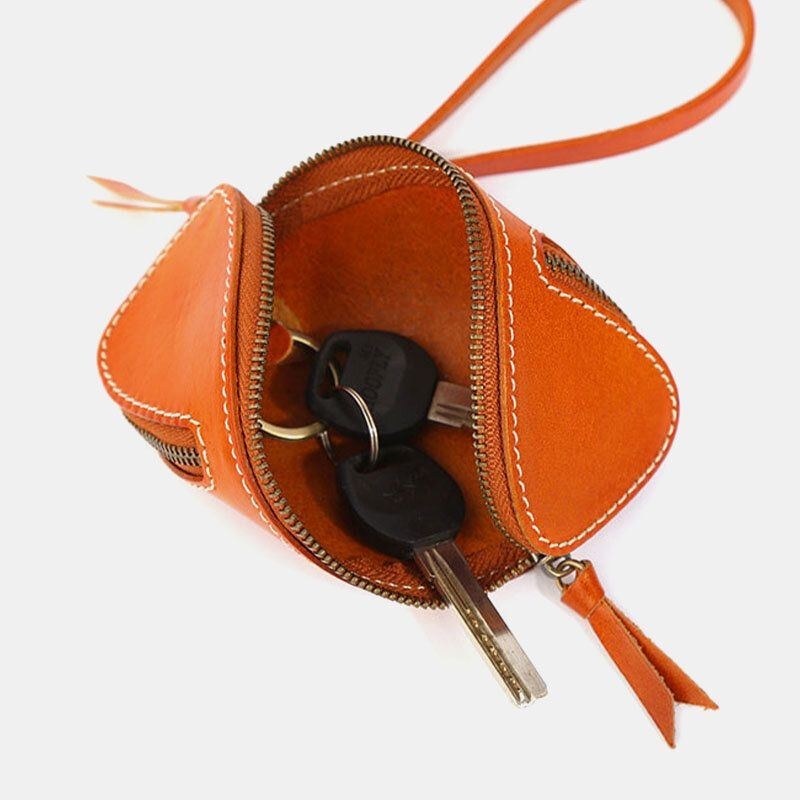 Herre Ægte Læder Ensfarvet Oval Lynlås Retro Nøgle Etui Kort Etui Clutch Tasker