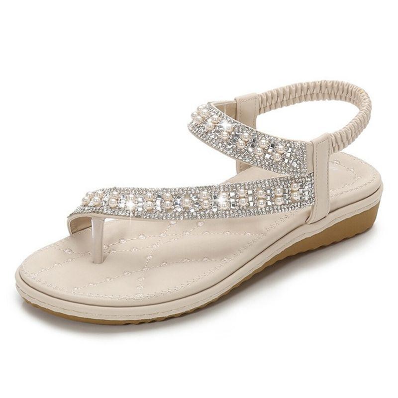 Bohemian Rhinestone Clip Toe Flip Flops Bløde Flade Sandaler