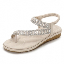 Bohemian Rhinestone Clip Toe Flip Flops Bløde Flade Sandaler