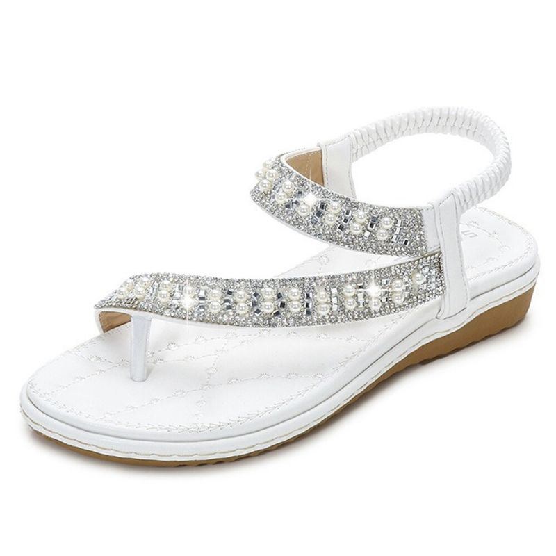 Bohemian Rhinestone Clip Toe Flip Flops Bløde Flade Sandaler