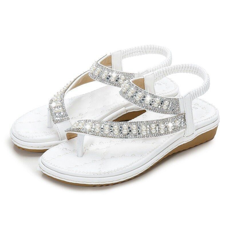 Bohemian Rhinestone Clip Toe Flip Flops Bløde Flade Sandaler