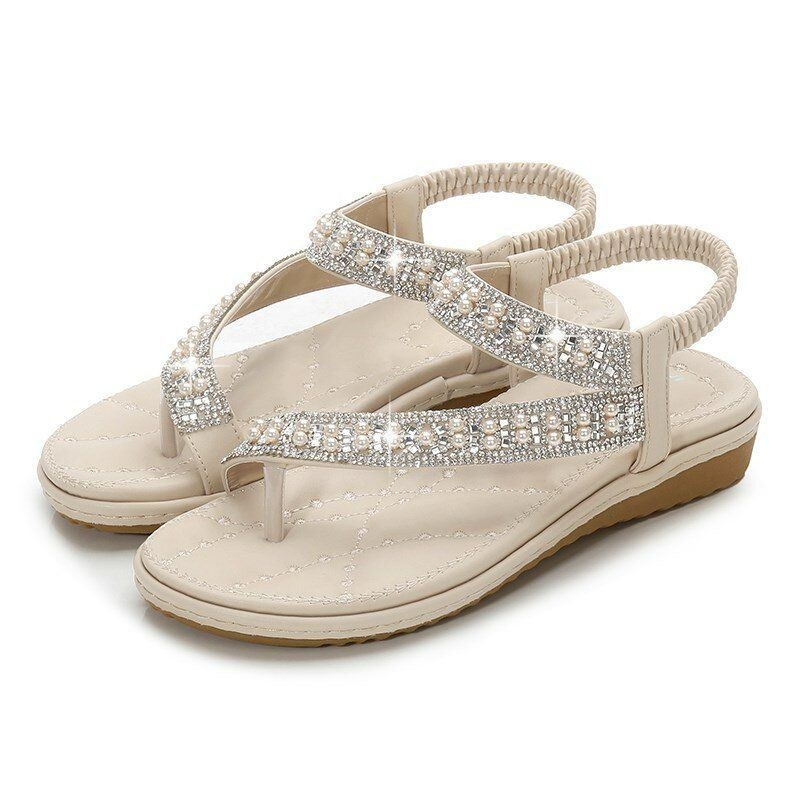 Bohemian Rhinestone Clip Toe Flip Flops Bløde Flade Sandaler