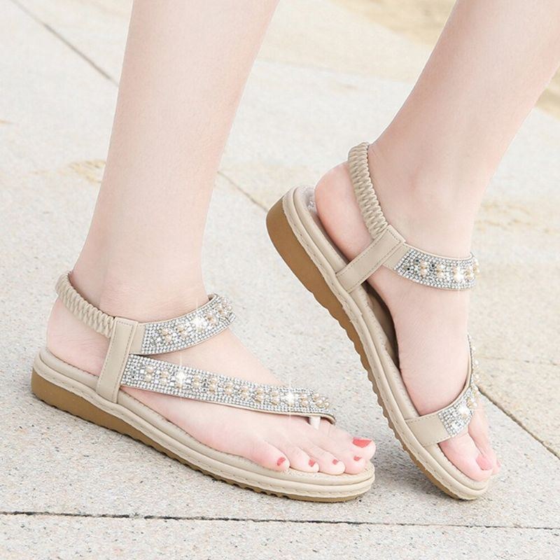 Bohemian Rhinestone Clip Toe Flip Flops Bløde Flade Sandaler