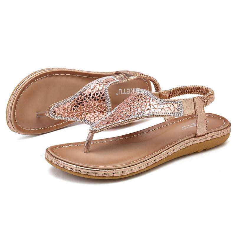 Bohemian Rhinestone Elastic Band Flat Sandaler Til Kvinder