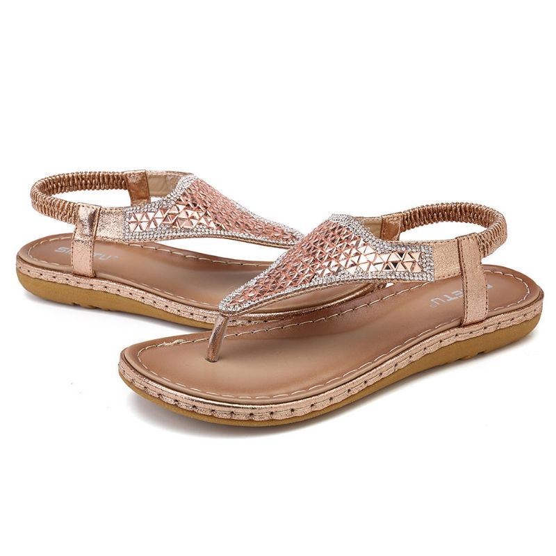 Bohemian Rhinestone Elastic Band Flat Sandaler Til Kvinder