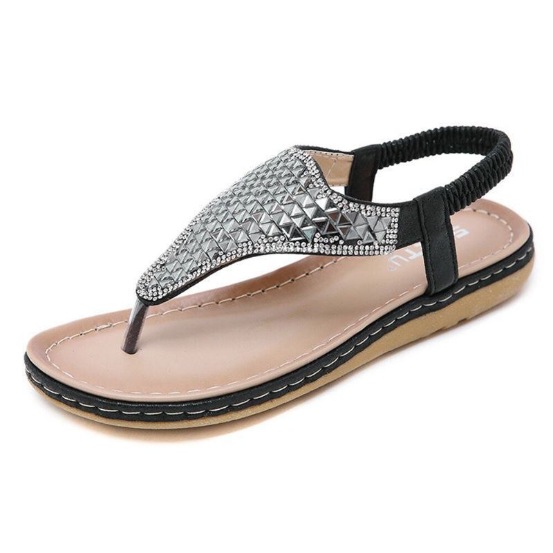 Bohemian Rhinestone Elastic Band Flat Sandaler Til Kvinder