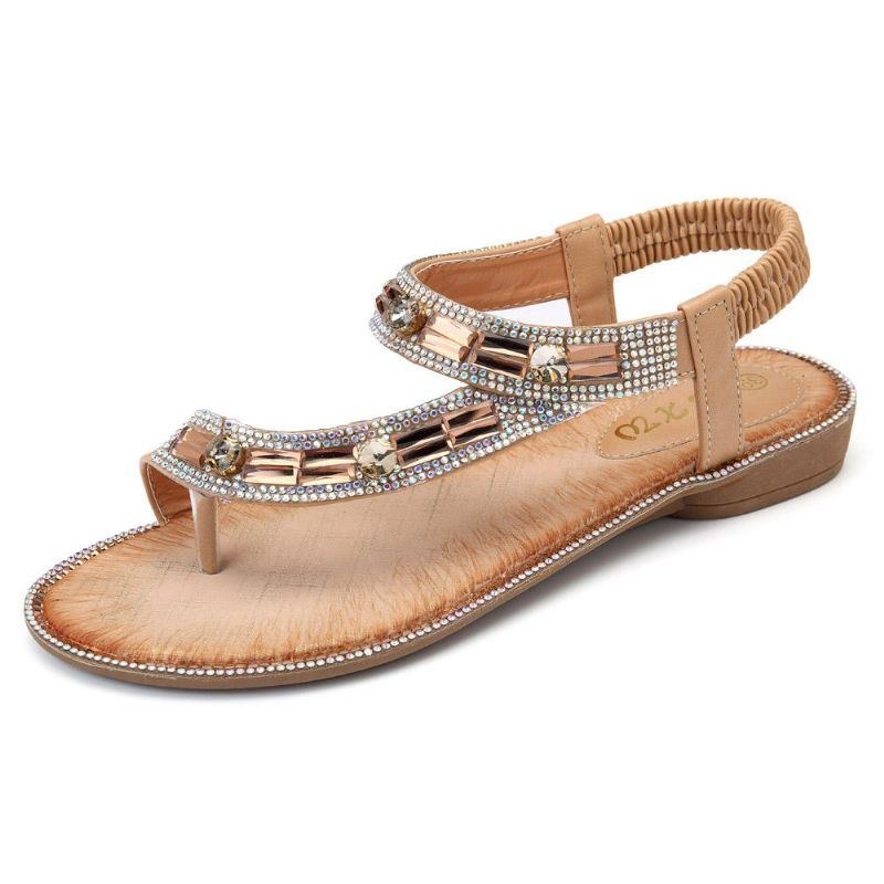 Bohemian Women Rhinestone Flade Sandaler Flip Flop Sko