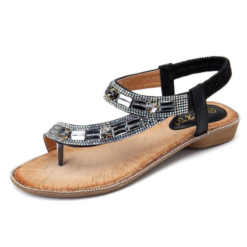 Bohemian Women Rhinestone Flade Sandaler Flip Flop Sko