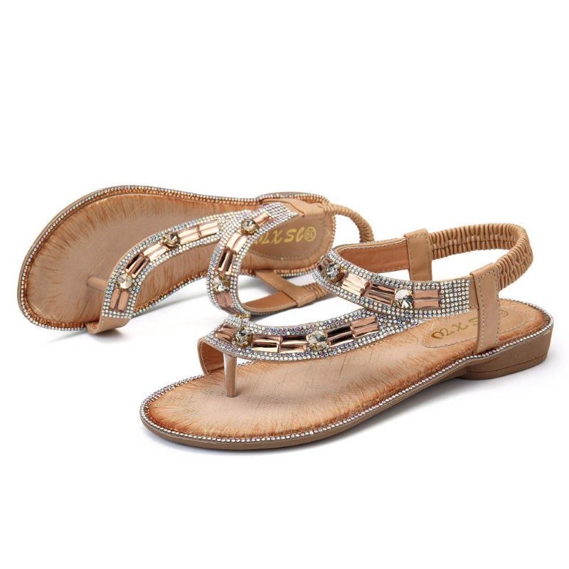 Bohemian Women Rhinestone Flade Sandaler Flip Flop Sko