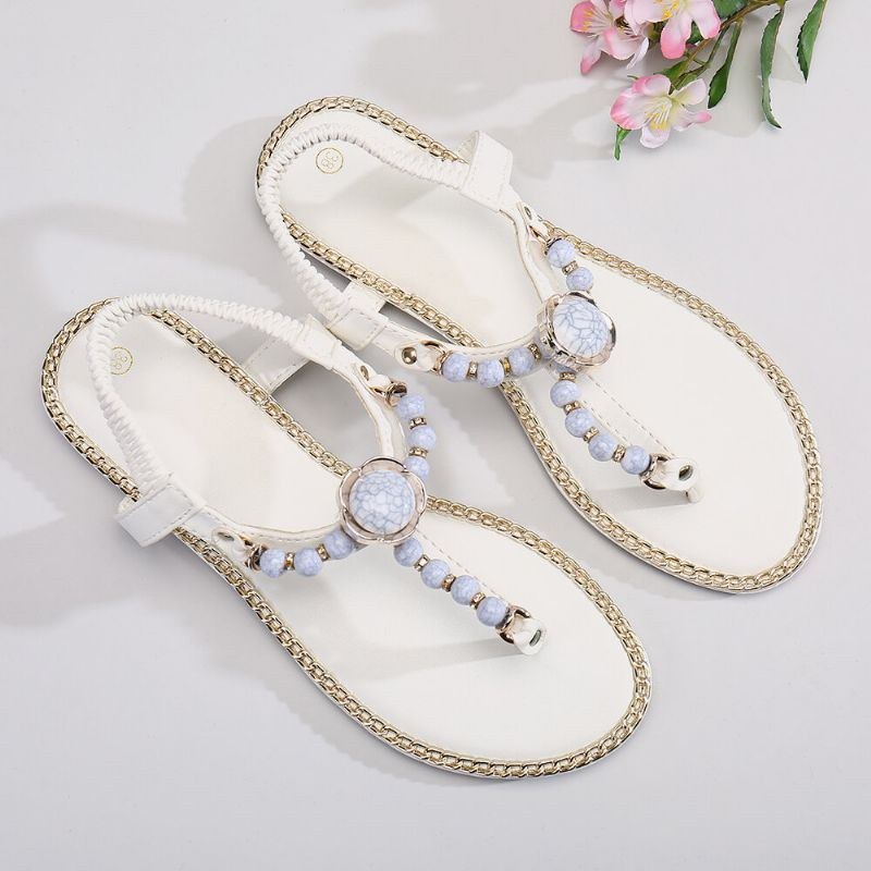 Dame Beading Decor Elastic Flat Slip On Beach Clip Toe Sandaler