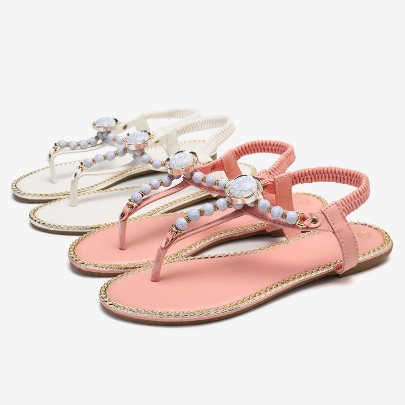 Dame Beading Decor Elastic Flat Slip On Beach Clip Toe Sandaler