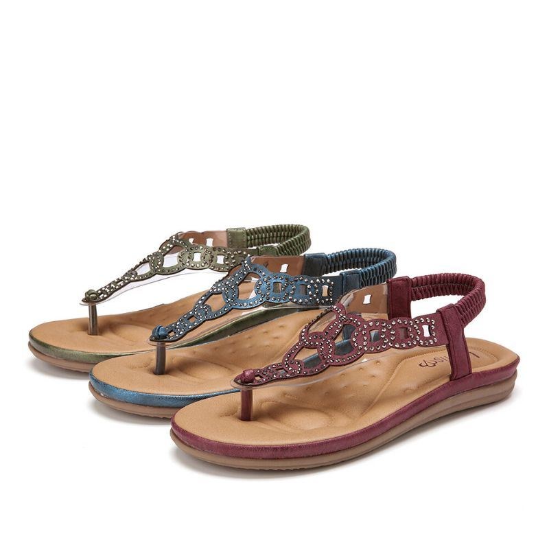 Dame Beading Elastisk Bånd Blød Clip Toe Strand Casual Sandaler