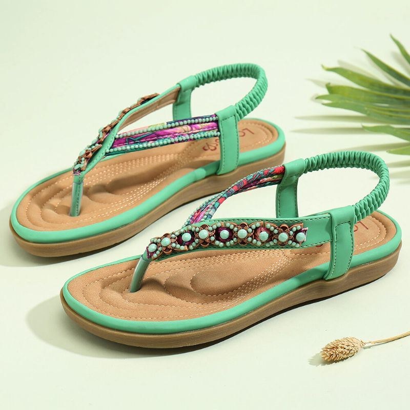 Dame Beading Elastisk Bånd Flip Flops Slip On Blød Sål Casual Sommersandaler