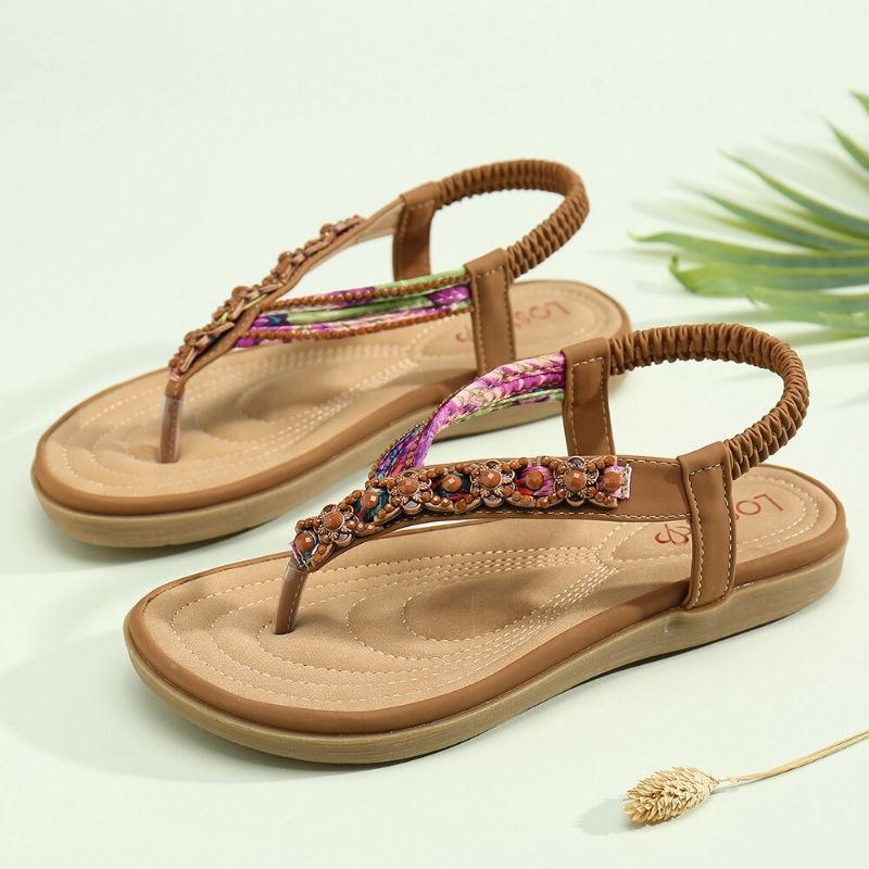 Dame Beading Elastisk Bånd Flip Flops Slip On Blød Sål Casual Sommersandaler