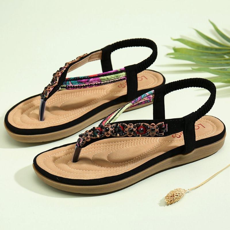 Dame Beading Elastisk Bånd Flip Flops Slip On Blød Sål Casual Sommersandaler