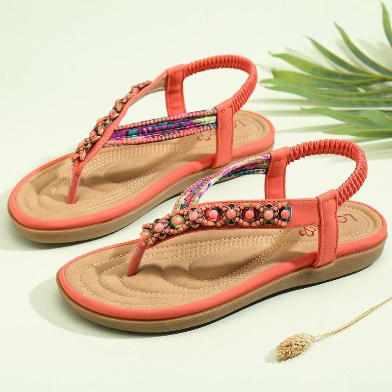 Dame Beading Elastisk Bånd Flip Flops Slip On Blød Sål Casual Sommersandaler