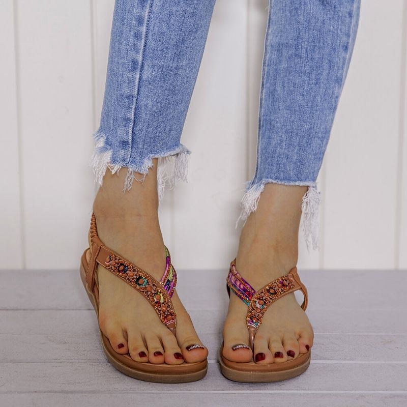 Dame Beading Elastisk Bånd Flip Flops Slip On Blød Sål Casual Sommersandaler