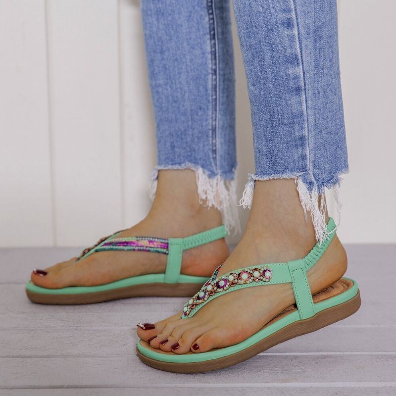 Dame Beading Elastisk Bånd Flip Flops Slip On Blød Sål Casual Sommersandaler