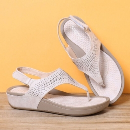 Dame Blød Sål Clip Toe Rhinestone Krogløkke Casual Summer Beach Wedge Sandaler