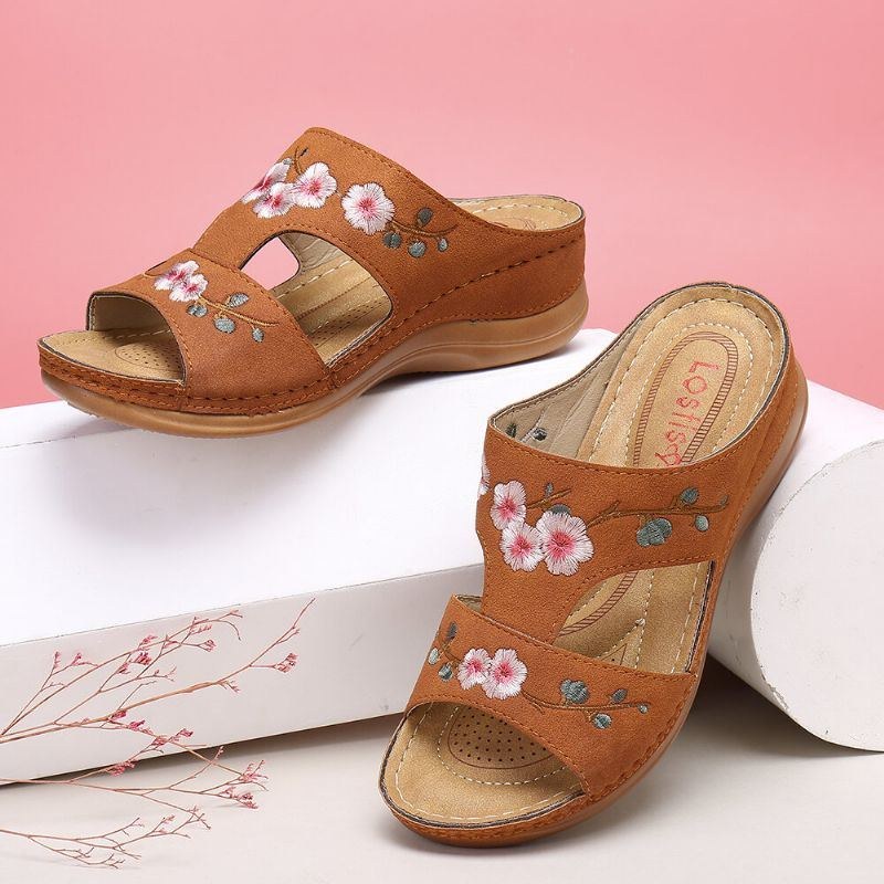 Dame Blomsterbroderi Åben Tå Casual Summer Wedge Sandaler