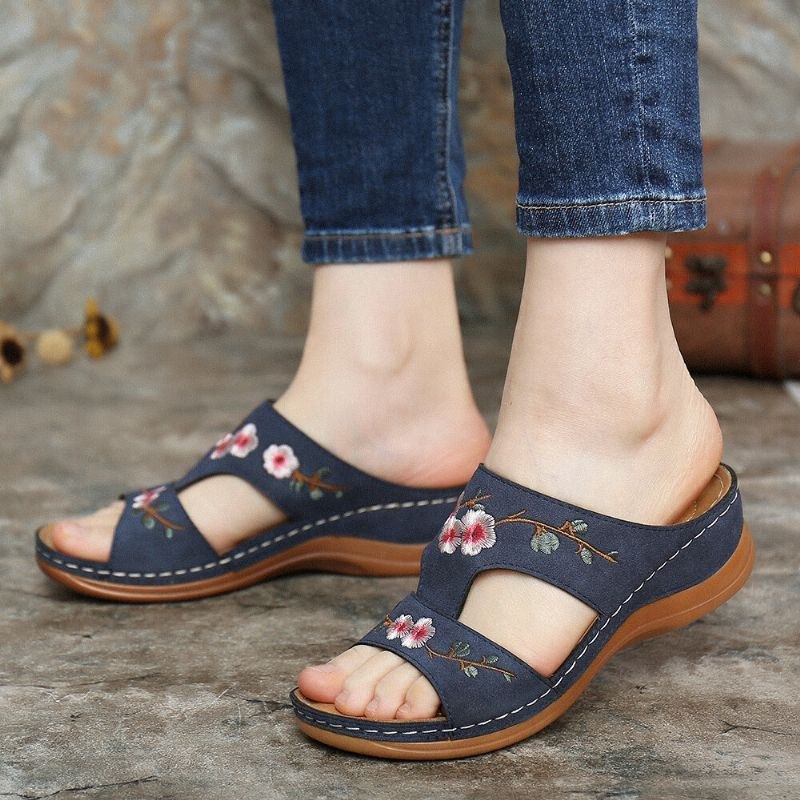 Dame Blomsterbroderi Åben Tå Casual Summer Wedge Sandaler