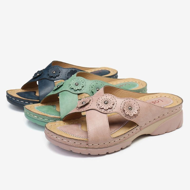 Dame Blomsterdekoration Cross Strap Slip On Casual Daily Beach Wedge Sandaler