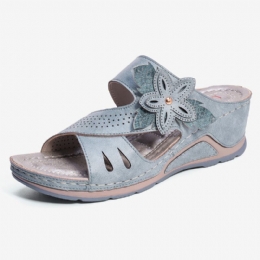 Dame Blomsterdekoration Slip On Hollow Out Bløde Casual Wedge Sandaler