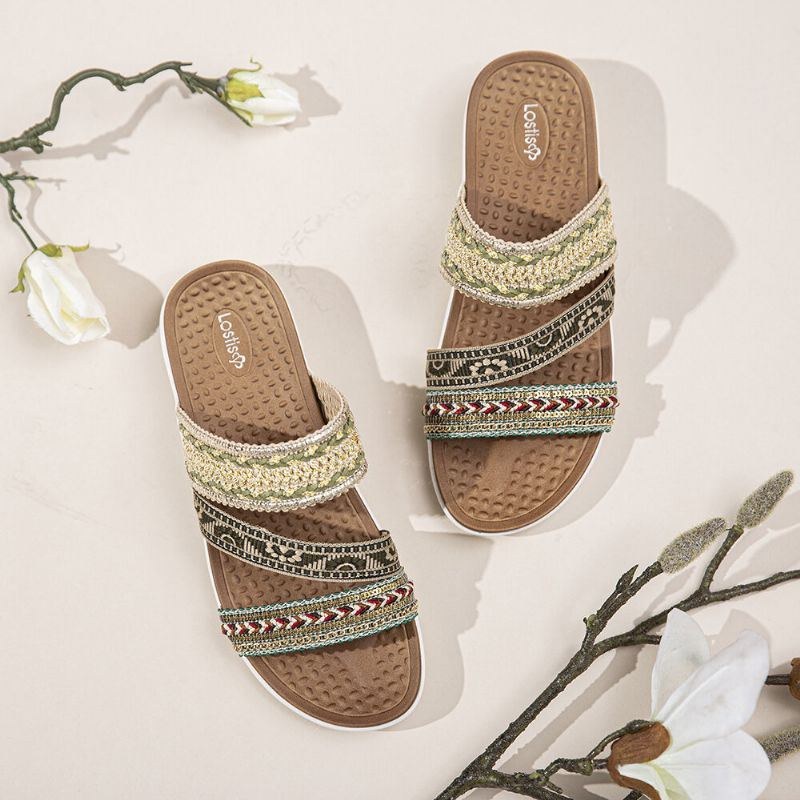 Dame Bohemia Åben Tå Blød Sål Casual Summer Beach Slides Flade Sandaler