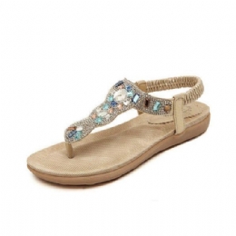 Dame Bohemia Bead Rhinestone Elastic Beach Flat Sandaler Peep Toe Flip Flops