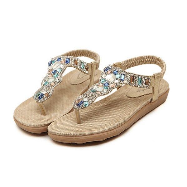 Dame Bohemia Bead Rhinestone Elastic Beach Flat Sandaler Peep Toe Flip Flops