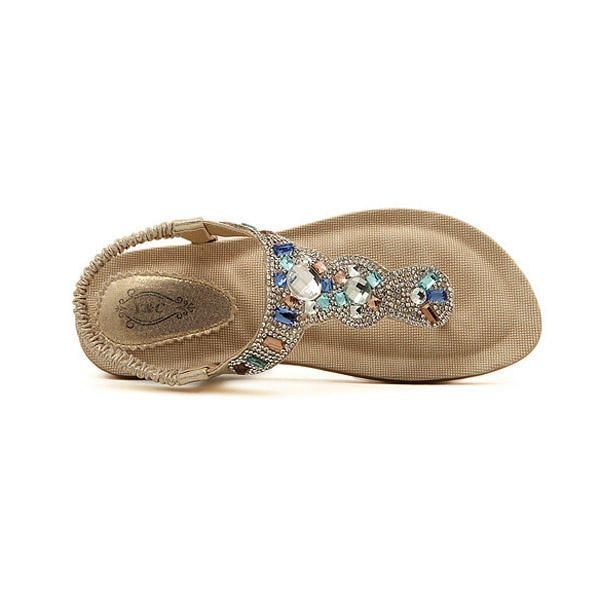 Dame Bohemia Bead Rhinestone Elastic Beach Flat Sandaler Peep Toe Flip Flops