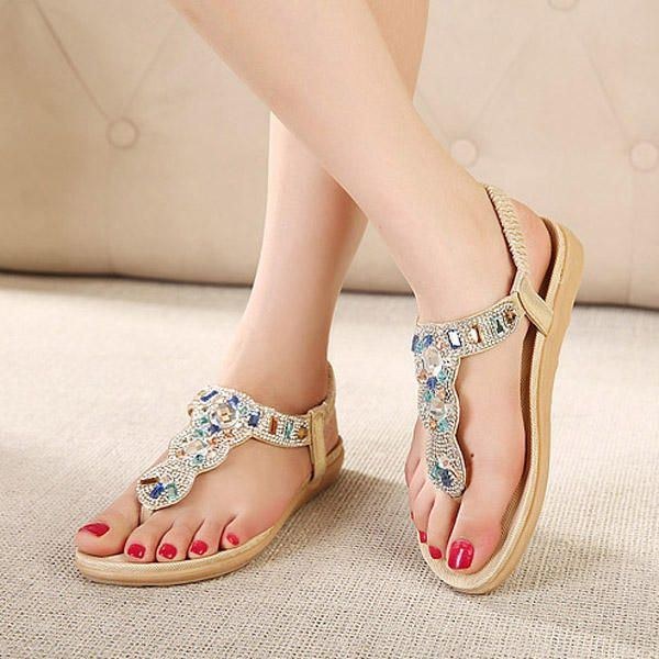 Dame Bohemia Bead Rhinestone Elastic Beach Flat Sandaler Peep Toe Flip Flops