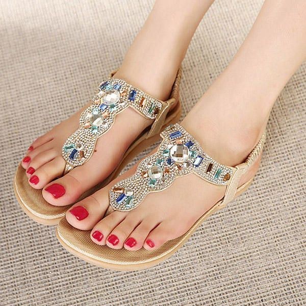 Dame Bohemia Bead Rhinestone Elastic Beach Flat Sandaler Peep Toe Flip Flops