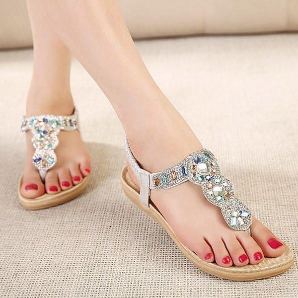 Dame Bohemia Bead Rhinestone Elastic Beach Flat Sandaler Peep Toe Flip Flops