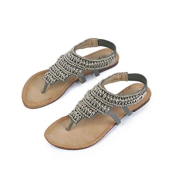 Dame Bohemia Beaded Retro Vintage Strandsandaler Peep Toe Slip On Flat Sandaler