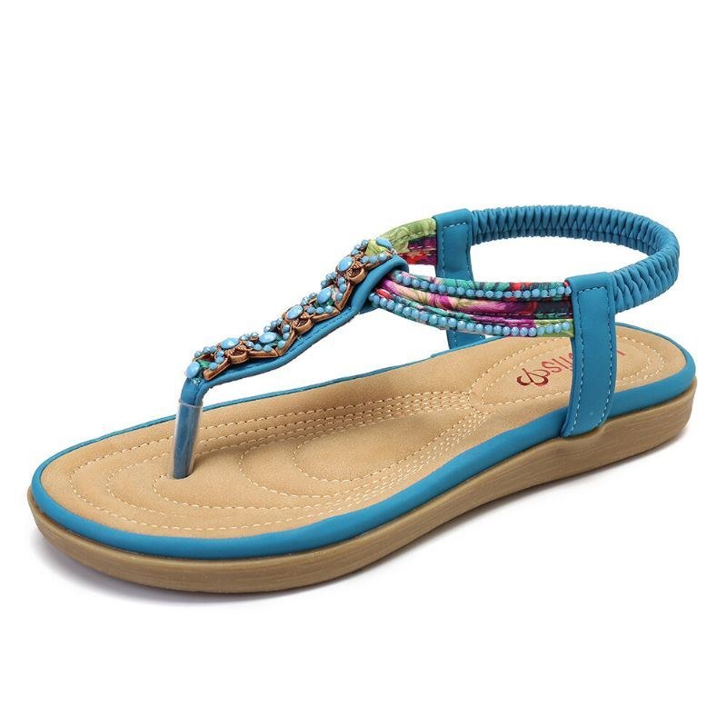 Dame Bohemia Beading Elastisk Bånd Clip Toe Blød Sål Causal Sommer Flade Sandaler