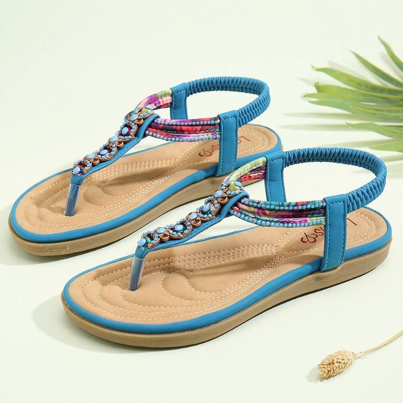 Dame Bohemia Beading Elastisk Bånd Clip Toe Blød Sål Causal Sommer Flade Sandaler