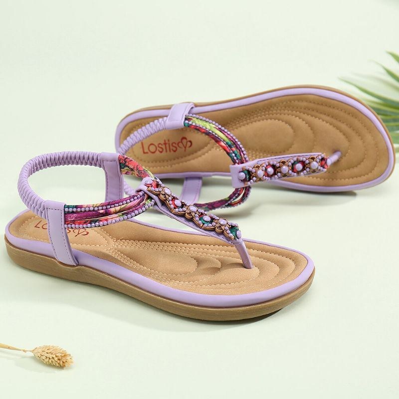 Dame Bohemia Beading Elastisk Bånd Clip Toe Blød Sål Causal Sommer Flade Sandaler