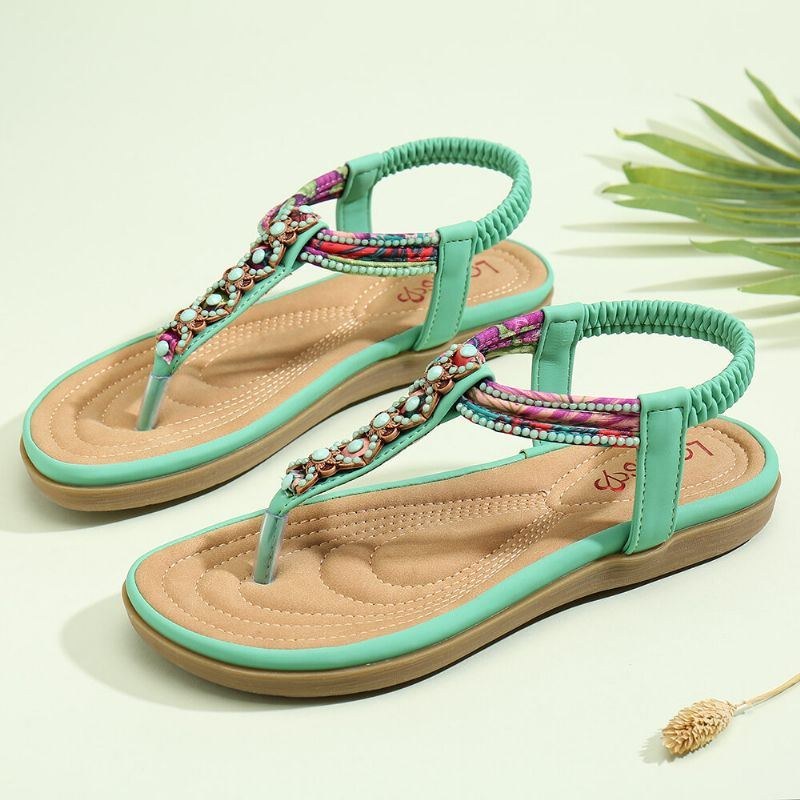 Dame Bohemia Beading Elastisk Bånd Clip Toe Blød Sål Causal Sommer Flade Sandaler