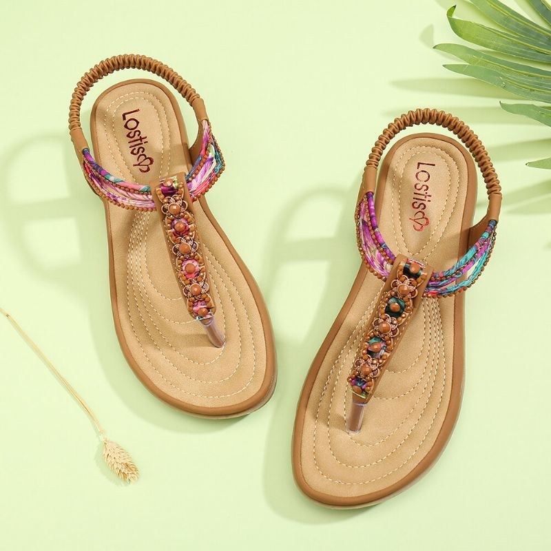 Dame Bohemia Beading Elastisk Bånd Clip Toe Blød Sål Causal Sommer Flade Sandaler