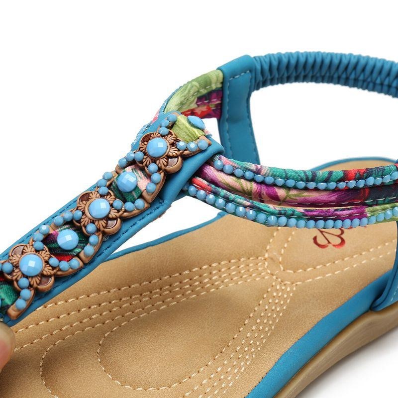 Dame Bohemia Beading Elastisk Bånd Clip Toe Blød Sål Causal Sommer Flade Sandaler