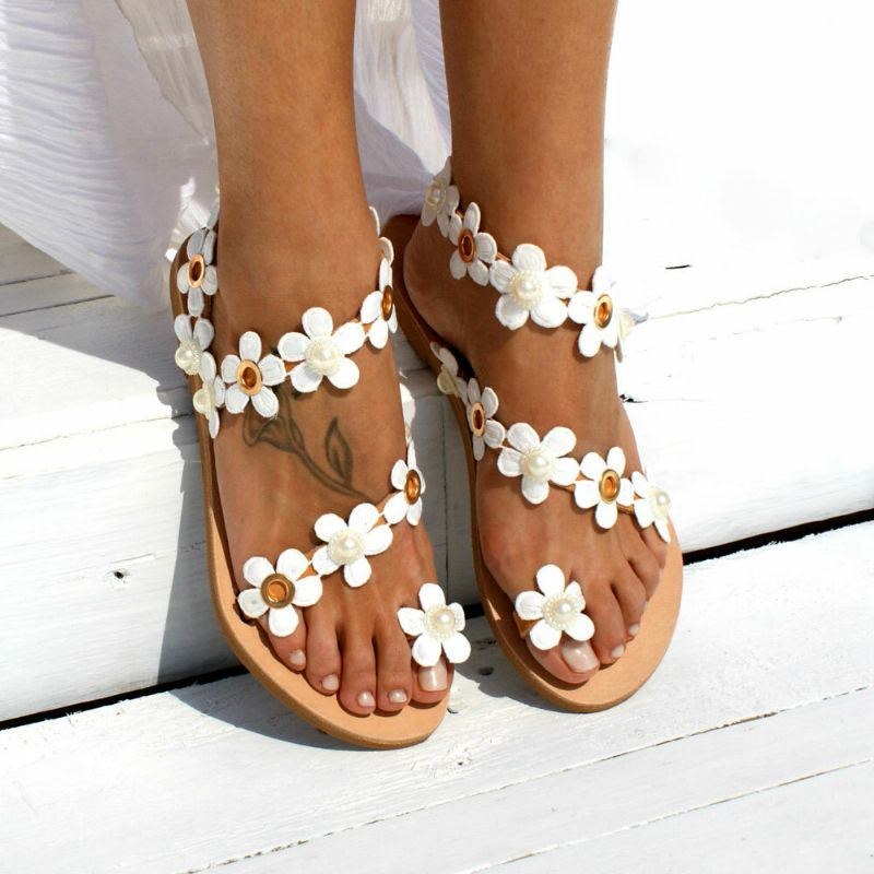 Dame Bohemia Flower Decro Beading Toe Ring Casual Summer Beach Flat Sandaler