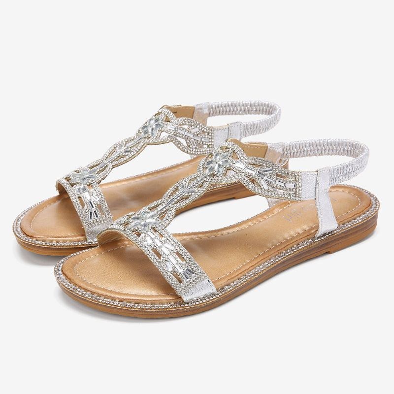 Dame Bohemia Rhinestone Hollow Elastic Slip On Casual Sandaler