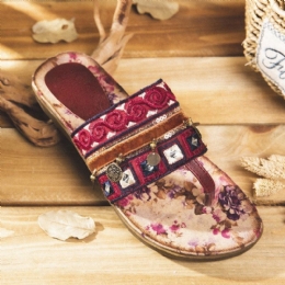 Dame Bohemian Bead Clip Toe Broderet Folkways Blomstermønster Blød Sål Flip Flop Sommer Strand Casual Flade Sandaler