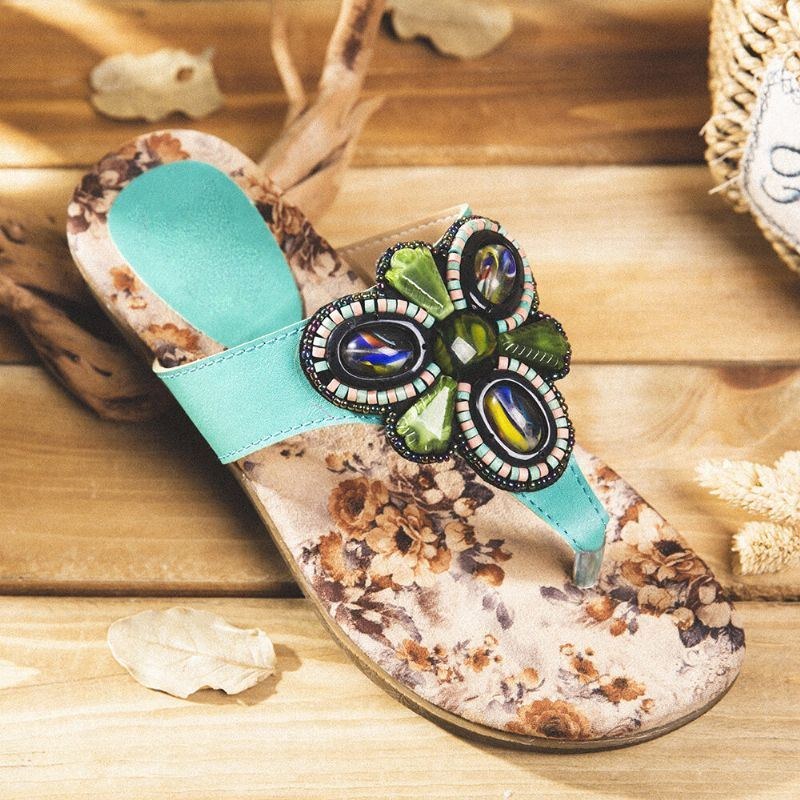 Dame Bohemian Bead Clip Toe Broderet Folkways Blomstermønster Blød Sål Flip Flop Sommer Strand Casual Flade Sandaler